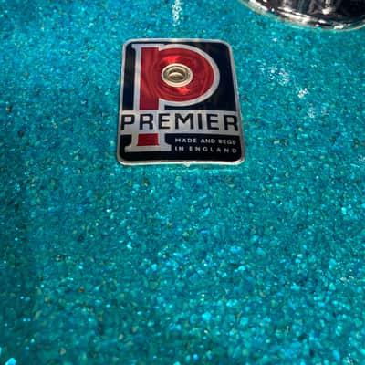 Premier 4-Piece Drum Set, 22", 16", 12" and 14x5.5" Matching Snare Drum, Hardware and Cases, All Original!! 1966 - Aquamarine Sparkle image 6