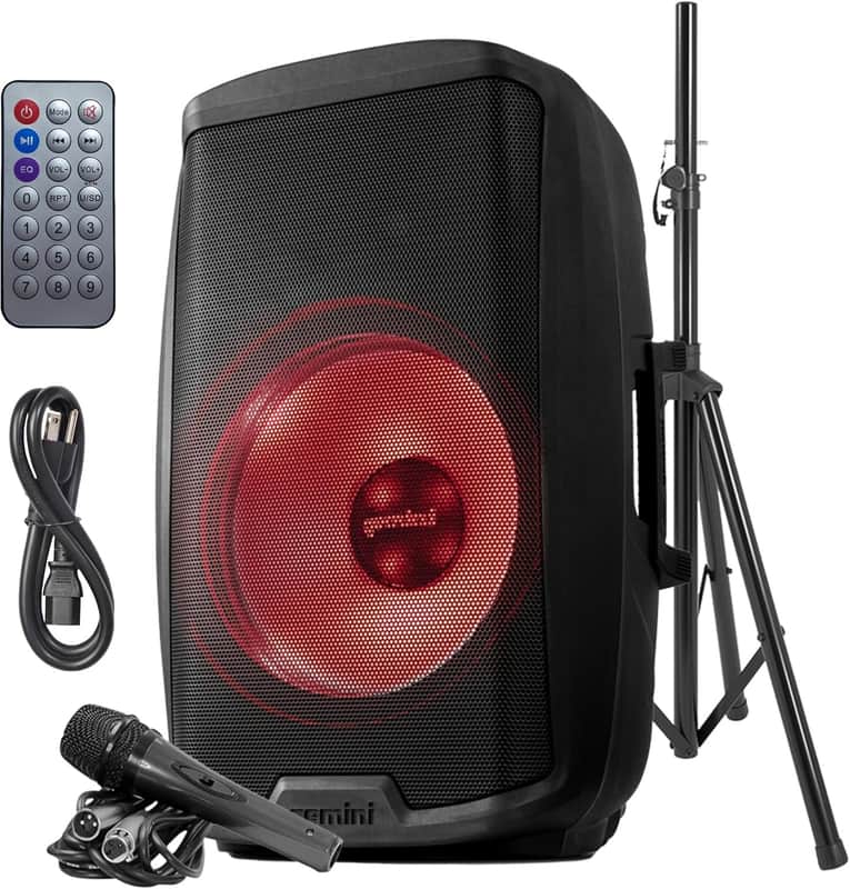 Gemini AS-2115BT-LT-PK 15” Powered PA Speaker, 2,000 Watt, Dynamic Woofer LED Lightshow, Bluetooth, USB, SD, FM Radio, 2 Band EQ, Speaker Stand and Wired Microphone Included image 1