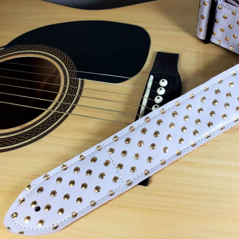 Pink Gold Leather Premium Leather Guitar Strap- Pink Polka Leather Guitar Strap-100% Leather Guitar Strap- Acoustic, Electric Bass Guitars image 1