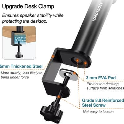Height Adjustable Desktop Clamp Speaker Stands – Short Studio Monitor Stands for Music Studios and Workstations (2 Set) Bild 4