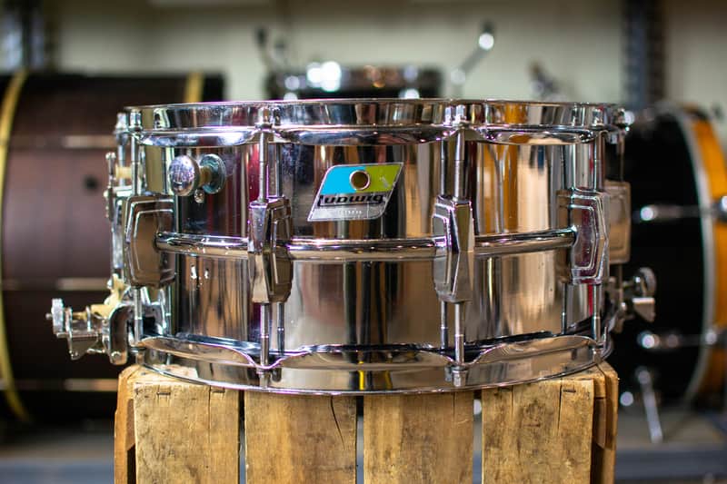 Ludwig No. 411 Super-Sensitive 6.5x14" Aluminum Snare Drum with Pointed Blue/Olive Badge 1969 - 1979 image 2