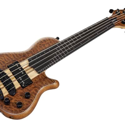 Mayones Cali 5 Fretless Mini 5A Quilted Mahogany - Trans Natural Matt image 1