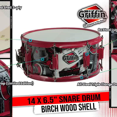 Griffin Birch Wood Shell Snare Drum - 14" x 6 - 5" with Custom Graphic Wrap (Limited Edition) - Percussion Musical Instrument with Drummers Key for Students & Pros 8 Tuning Lugs & Snare Strainer image 12