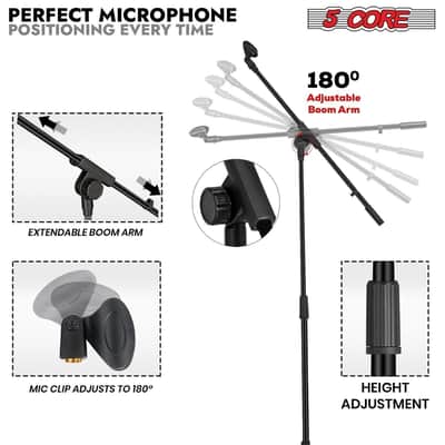 5 Core Mic Stand Floor Pair Universal 72" Height Adjustable Tripod Microphone Stands w Boom Arm image 2