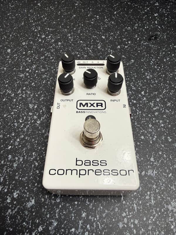 White MXR Bass Compressor pedal with knobs and switch.
