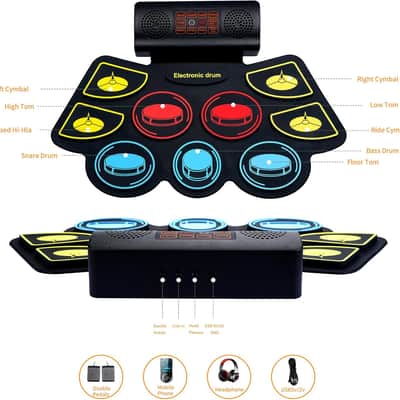 Electric Drum Set for Kids, Electronic Drum Pad with Light Up Drumsticks and Drum Stand, Bulit-in Double Speakers and Rechargeable Battery, Kids Drum Set with LED Drumsticks, 9 Pads Digital Drum Kit image 2