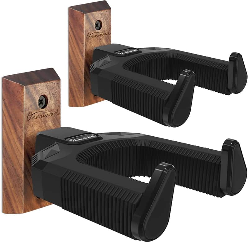 Guitar Wall Mount 2 Pack, Auto Lock Black Walnut Wood Guitar Hanger, Guitar Wall Hangers, Guitar Holder Hook Wall Stand for Classical, Acoustic, Electric Guitar, Banjo, Bass, Gift for Guitar Player image 1