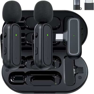 2-Pack Wireless Lavalier Microphone for iPhone Vlogging Included Charging Case & Jack Adapter, Noise Reduction Plug-Play Clip on Lapel Mic for Vlogging,Youtuber,Video Recording,Live Streaming image 1