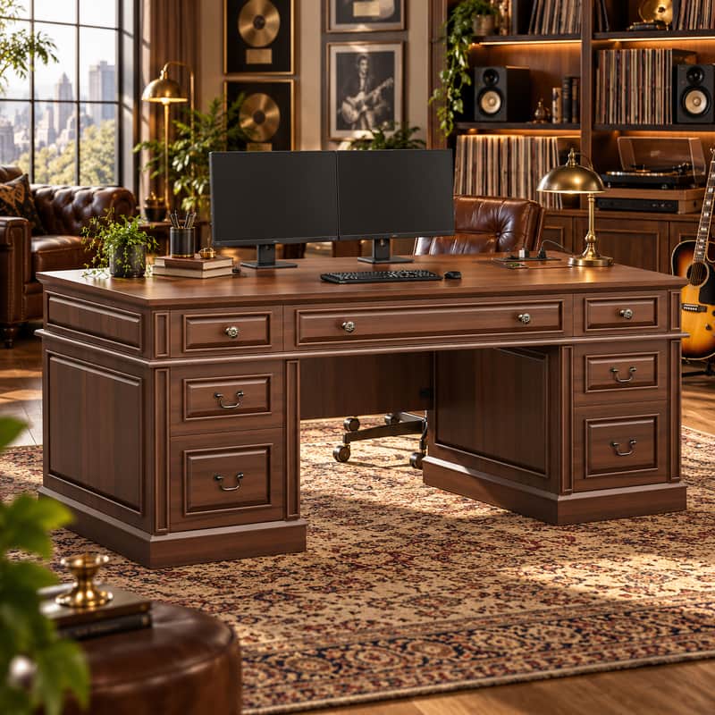 60.6" Old-School Walnut Music Executive Desk 7-Drawer Producer Studio Workstation w/ Charging Hub image 1