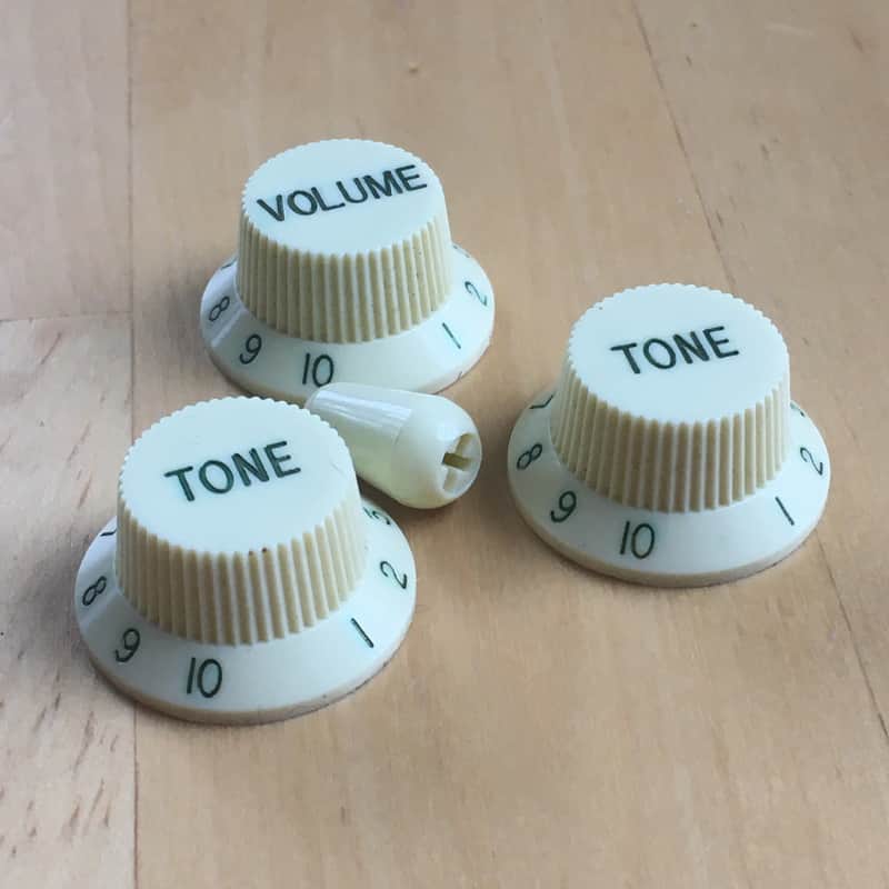 3 Vintage Style Fender Strat Green Font Numbers Letters Knobs White Aged Light NOS Relic image 1