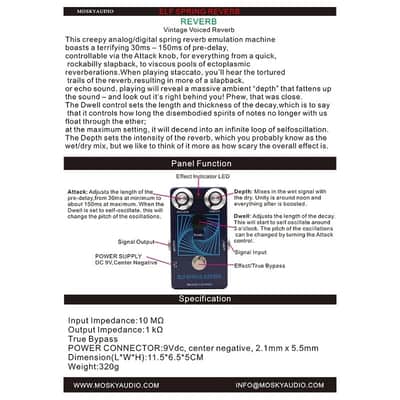 Mosky ELF Spring Reverb Vintage Voiced Reverb Guitar Pedal Attack Depth Dwell image 7
