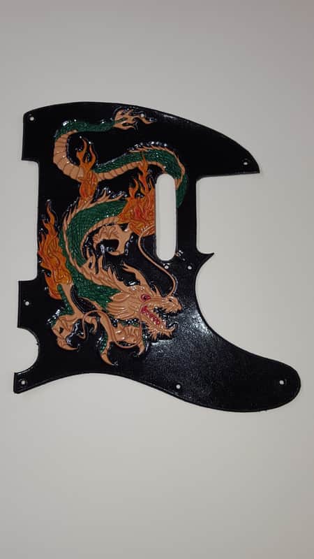 Leather pickguard Fender Telecaster handtooled dragon in color "Dragon's Breath" image 1