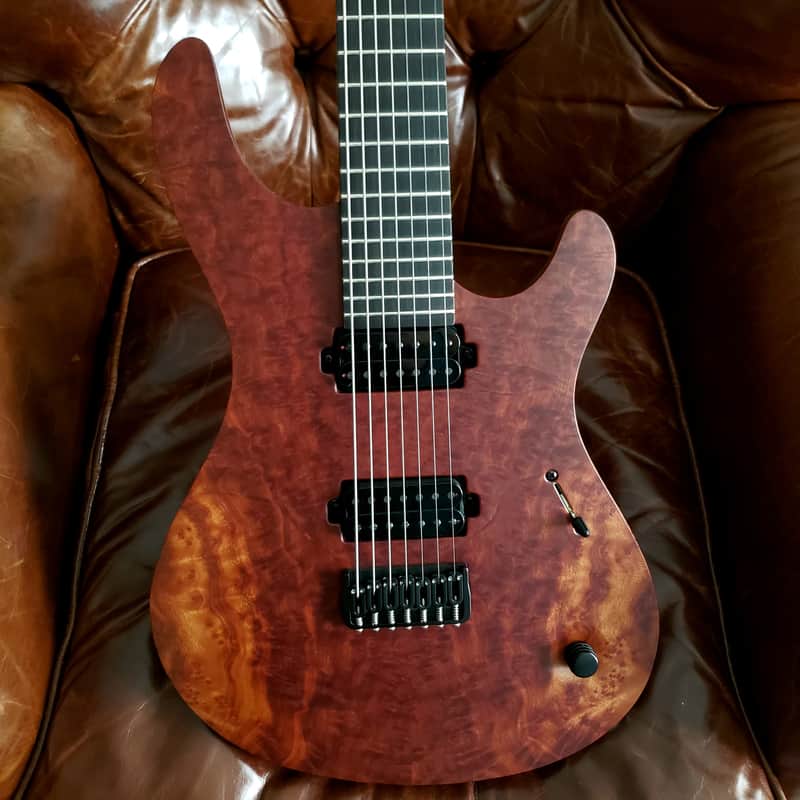 Used One Owner Mayones 2022 Regius 7 26.5" Camphor Burl top, No Binding, Exotic I neck, TEW body, Bare Knuckle Pickups Unity image 1
