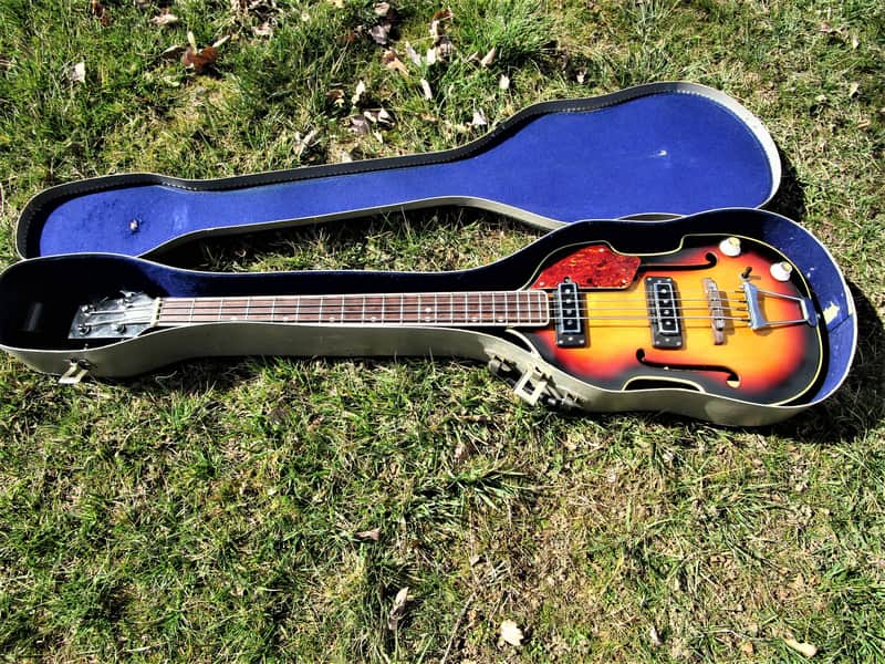 Beatle Bass Copy, 1960's, Japan, Scroll Headstock, Sunburst, Case image 1