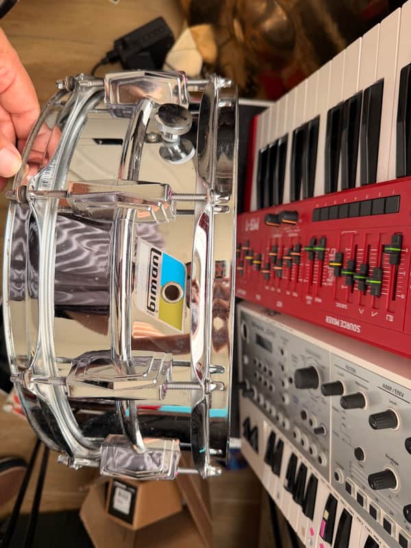 Ludwig No. 400 Supraphonic 5x14" 10-Lug Aluminum Snare Drum with Pointed Blue/Olive Badge 1969 - 1979 - Chrome-Plated