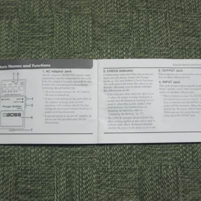 used (less than lite average wear) genuine Boss Owner's Manual for PH-3 Phase Shifter (NO: pedal / other items) 2000s (copyright year 2002) white matte paper / black print & graphic [5 inches across (unopened), 3 & 1/2 inches high] 32 pages cover to cover image 12