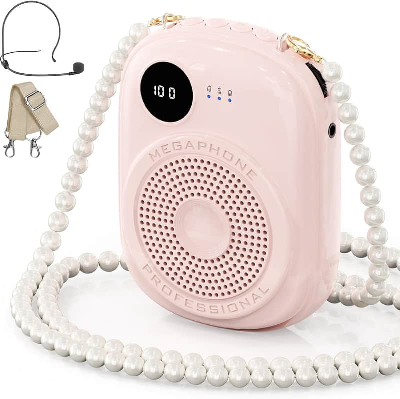 Voice Amplifier for Teacher,Portable Wired Voice Amplifier with Microphone Headset and Speaker,Rechargeable Mini Voice Amplifier for Classroom,Speech,Training,Tour Guide,Pearl Chain Design-Pink image 1