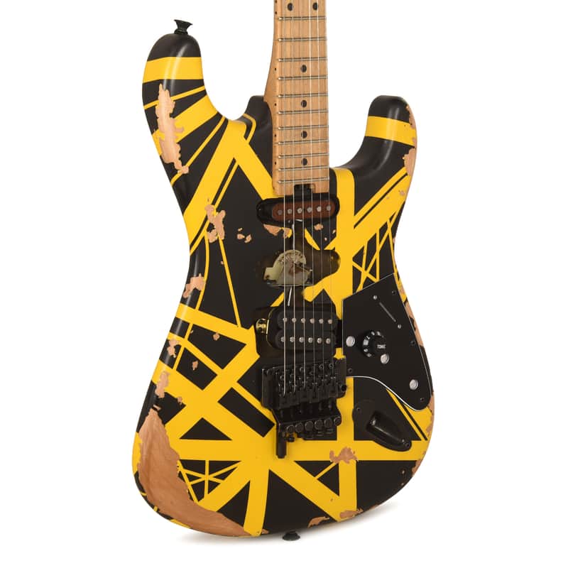 EVH Limited Edition Striped Series Frankenstein Frankie Black w/Yellow Stripes Aged image 1