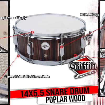 GRIFFIN Snare Drum - 14X5.5" Poplar Wood Shell Acoustic Percussion Head Kit Set image 13