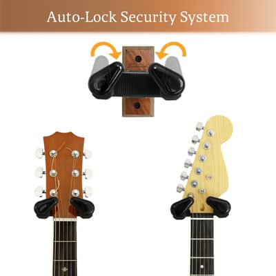 Guitar Wall Mount 2 Pack, Auto Lock Black Walnut Wood Guitar Hanger, Guitar Wall Hangers, Guitar Holder Hook Wall Stand for Classical, Acoustic, Electric Guitar, Banjo, Bass, Gift for Guitar Player image 2
