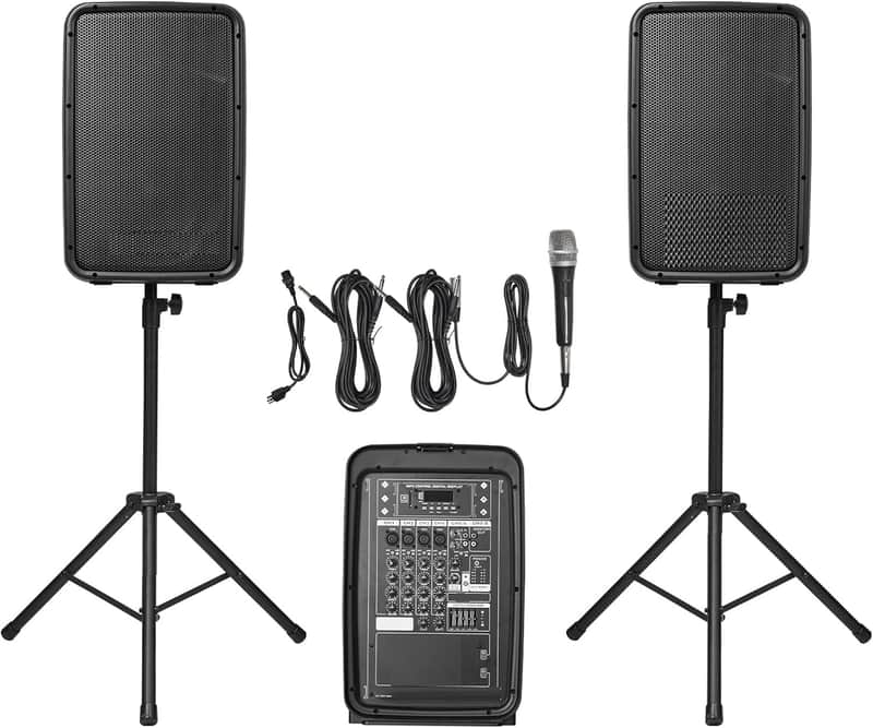 Portable PA System with Microphone, 300W Powered, Sound System with 8 Channel Mixer, Dual 8'' Speakers, Wireless Bluetooth, Compact Stands, USB SD XLR RCA Inputs, for DJs Events Indoor &Outdoor image 1