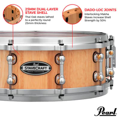Pearl StaveCraft 14"x5" Maximum Volume Snare Drum with 20mm Thai Oak shell, Makha DadoLoc and MasterCast Die-Cast Hoops in Hand-Rubbed Natural Satin Finish image 3
