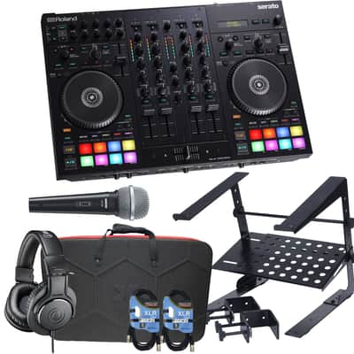Roland DJ-707M 4-Channel DJ Controller, ProX XB-DJCS Bag, Laptop Stand, SV100 Mic, AT ATHM20X, (2) XLR Cables Bundle