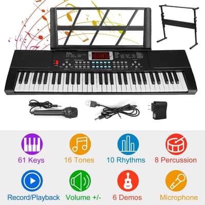 Cxxss 61 Keys Digital Music Electronic Keyboard Electric Musical Piano Instrument Kids Learning Keyboard w/ Stand Microphone-Black image 1