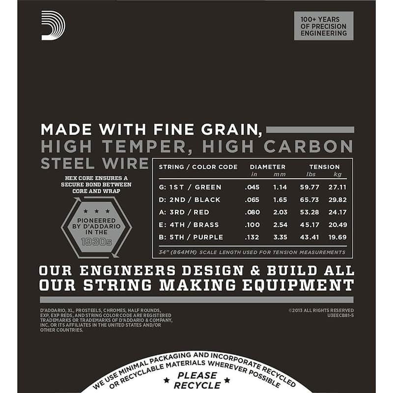 D'Addario ECB81-5 XL Chromes Flatwound 5-String Bass Guitar Strings, Light Gauge Long Scale image 2