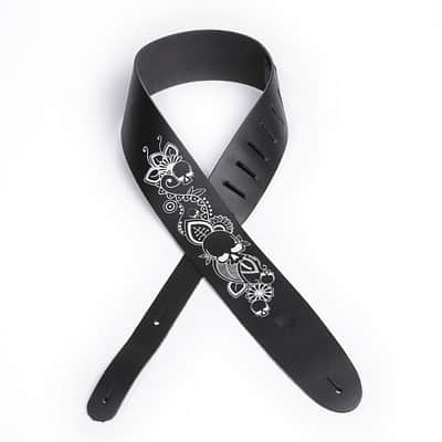 D’Addario Leather Guitar Strap, Screen Printed Skull & Flower image 2