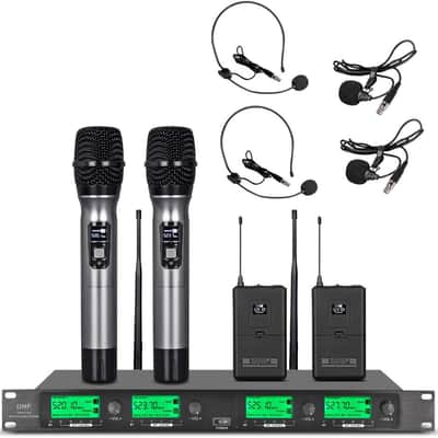 Wireless Microphone System UHF 4 Channel 2 Handheld Mic 2 Headset 2 Lavalier Bodypack 2 Lapel Mic Pro Karaoke System Speaking Conference Wedding Party image 1