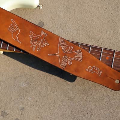 Burny Black custom made guitar strap leather - nasca lines brown/white made to order - oil image 8