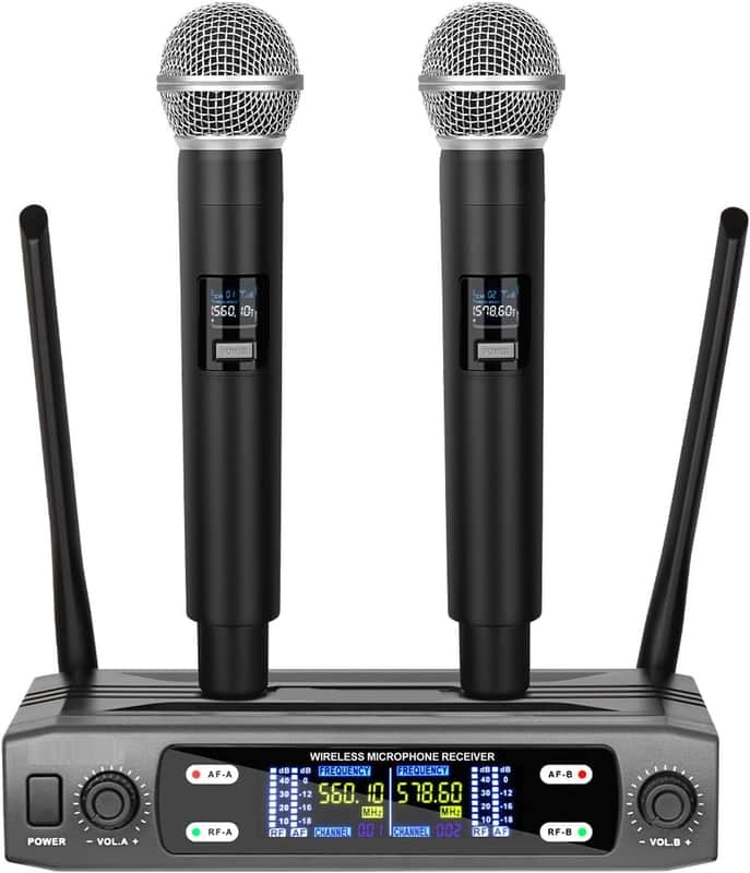 Wireless Microphone System, VHF Fixed Dual Frequency Wireless Set with 2 Handheld Dynamic Transmitter Wireless Mic Set for Singing, Karaoke, Church, DJ,200ft Range image 1