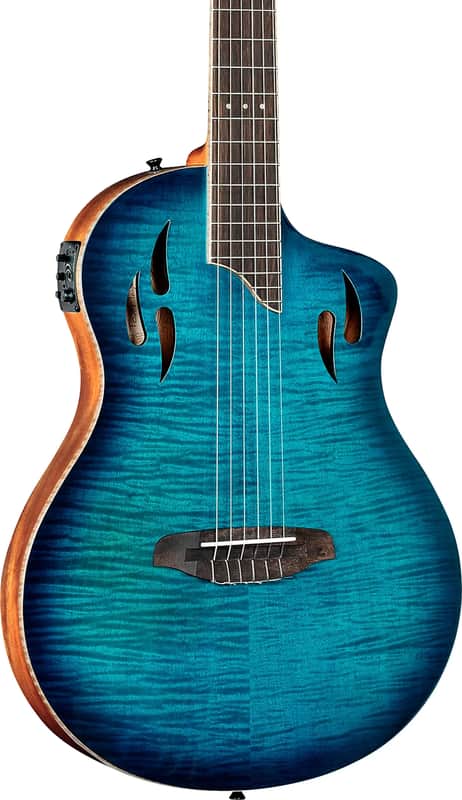 Ortega Tourplayer Thinline Acoustic-Electric Classical Guitar, Flamed Maple Top, Blue image 1