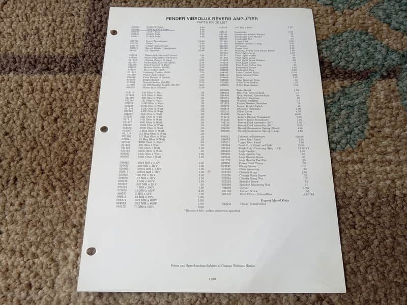 Vintage 1980 Fender Vibrolux Reverb Amplifier Parts List and Schematic! Original Case Candy, Paperwork! image 1