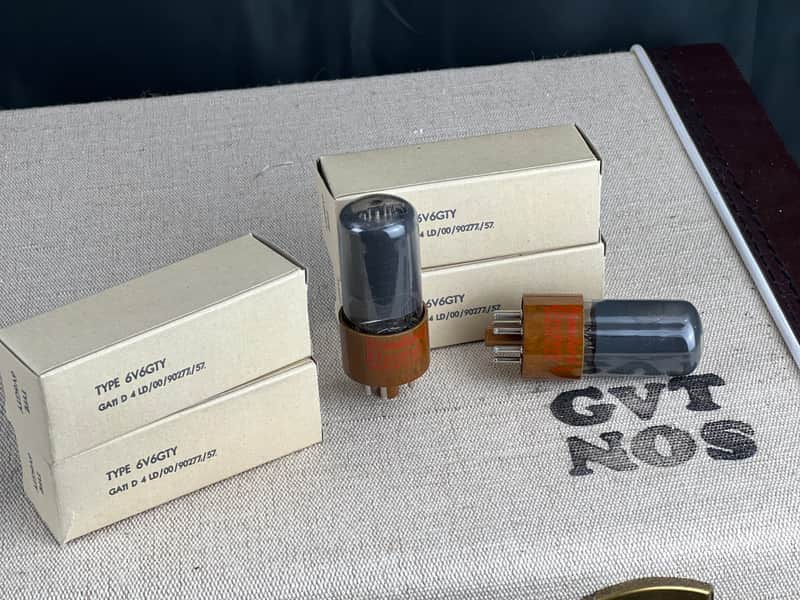 Matched Pair 6V6GT RCA Power Tubes (1957) – NOS/NIB – Standard Electric Label – Unused Brown base image 1