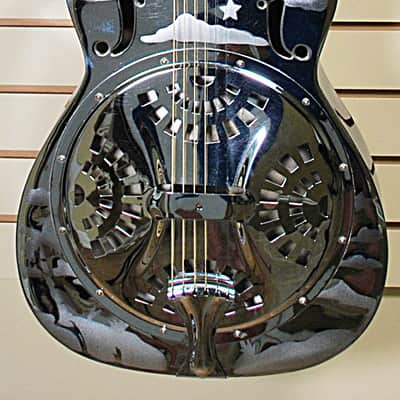 1995 Dobro USA DM-33H DM33H Chromed Brass Resonator Round Neck Guitar w Etched Hawaiian Motif Excellent Condition w OHSC and Booklet. image 3