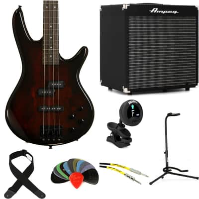 Ibanez Gio GSR200SMCNB Bass Guitar and Ampeg Rocket Amp Essentials Bundle - Charcoal Brown Burst image 1