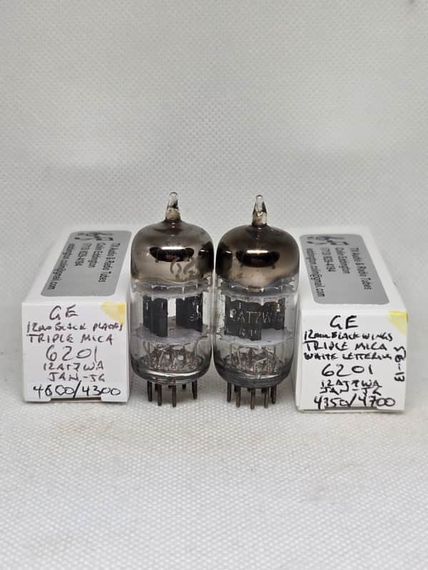 Immagine GE JAN 6201 Black Plate Triple Mica Well Matched (8.5%) Pair NOS 12AT7 E81CC ECC81 12AT7WA 12AT7WB 12AT7WC - 1