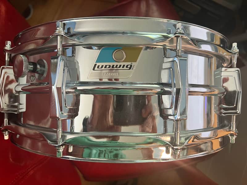 Ludwig No. 400 Supraphonic 5x14" 10-Lug Aluminum Snare Drum with Pointed Blue/Olive Badge 1969 - 1979 - Chrome-Plated image 1