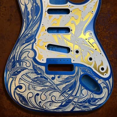 Fender Strat Guitar Body Custom Laser Engraved Blue Sparkle and White with White and Gold Mirror Pickguard & Tremolo Cover HSH, HSS, SSS Setup Available image 1