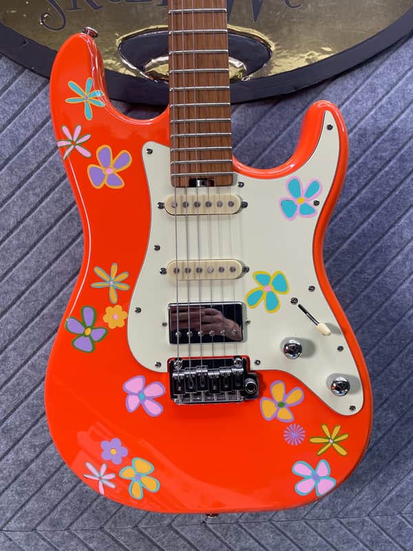 Schecter Nick Johnston "Thumper" FretWerx In-USA Setup and Fret Polish 2020's HSS - Orange w/ Custom Vinyl Flowers image 1