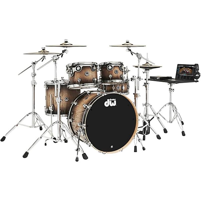 DW DWe Wireless Acoustic-Electronic Convertible 5-Piece Drum Set Bundle With 22" Bass Drum, Cymbals and Hardware 2024 - Exotic Curly Maple Black Burst image 1