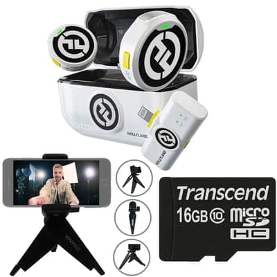 Hollyland LARK M2 DUO 2-Person Wireless Microphone System with Lightning Connector (2.4 GHz, Ivory White) + Vivitar compact Selfie Video Tripod + 16GB Transcend MicroSD Memory Card with Adapter image 1