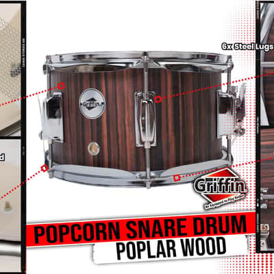 GRIFFIN Snare Drum 10"x6" Poplar Wood Shell (PopcornPUNCH Edition) – Mini Snare with Black Hickory PVC, Throw Off, Drum Key & Coated Head image 11