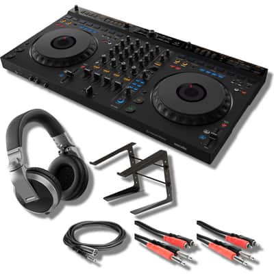 AlphaTheta DDJ-GRV6 4-Channel DJ Controller with Pioneer DJ HDJ-X5-S Professional DJ Headphones, On-Stage Stands LPT5000 Laptop Stand, and Essential Cables for Connecting to DJ Controllers image 1