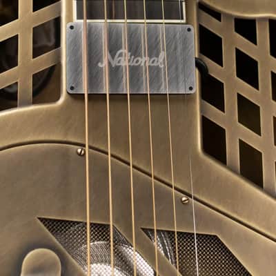 National Style 1 Baritone Tricone Resonator, Slimline Pickup - Antique Brass with Hardshell Case image 10
