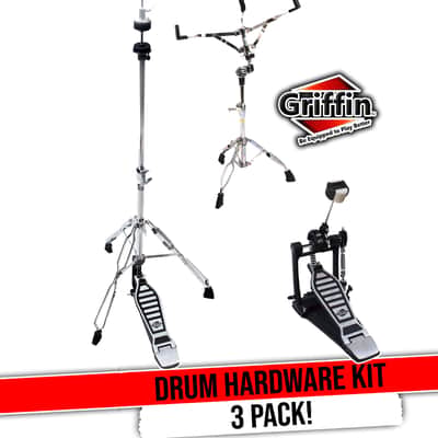 GRIFFIN 3 Pack Drum Hardware Combo Kit (ChromeElite Edition) – Hi-Hat Stand, Kick Pedal & Snare Stand – Chrome Percussion Set for Gigs, Practice & Mobile Drummers image 1