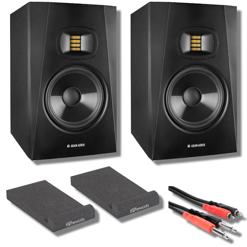Adam Audio T5V Active Studio Monitor (Pair) with Gator Studio Monitor Isolation Pads, Hosa Technology CPR-203 1/4" to RCA and StreamEye Polishing Cloth image 1