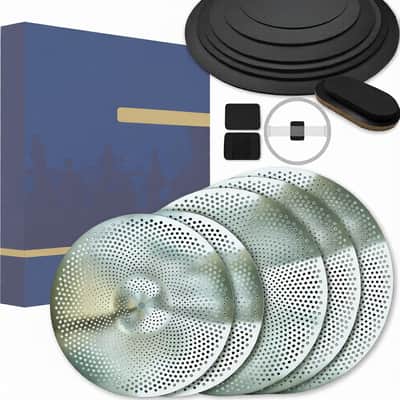 Rhythm Bytes Low Volume Cymbal Pack with Drum Silencer Pads, 13pcs, Cymbals Set - 14"/16"/18"/20", Drum Mute Pads - 8"/10"/12"/13"/14"/16", 1 Bass Mute, 1 Snare Wire Mute, Silver image 1
